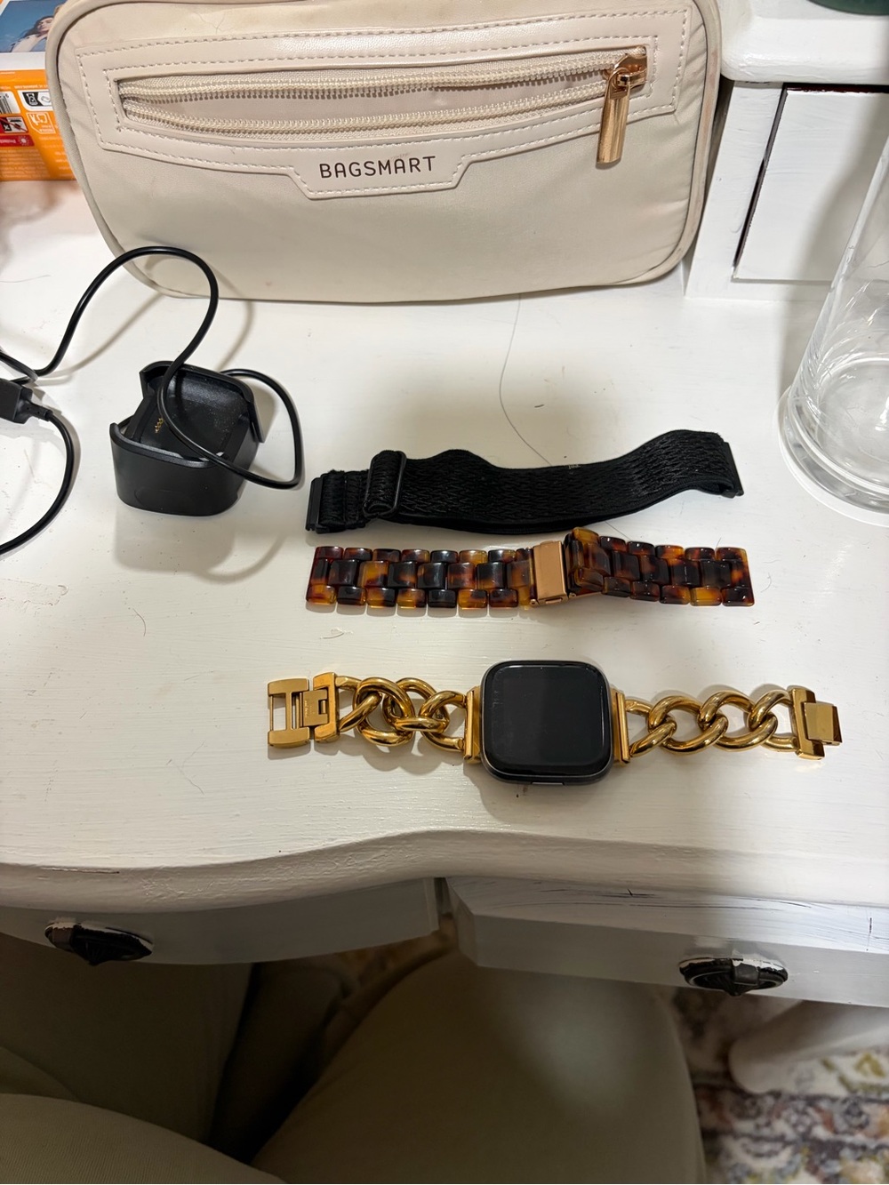 Fitbit Versa 2 with Gold Chain Link,  Band Tortoiseshell and Black Woven Bands
